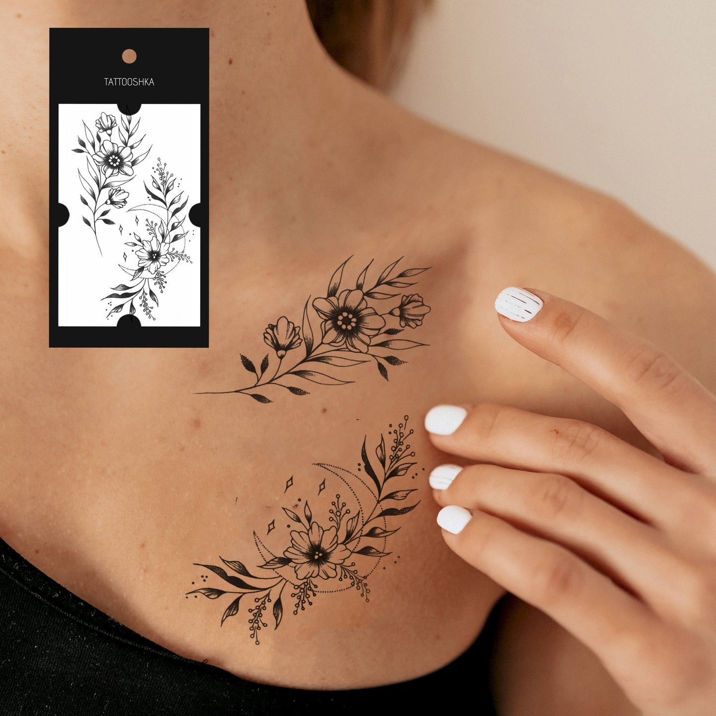 Delicate flowers with the moon (AQ-042) - Tattooshka USA