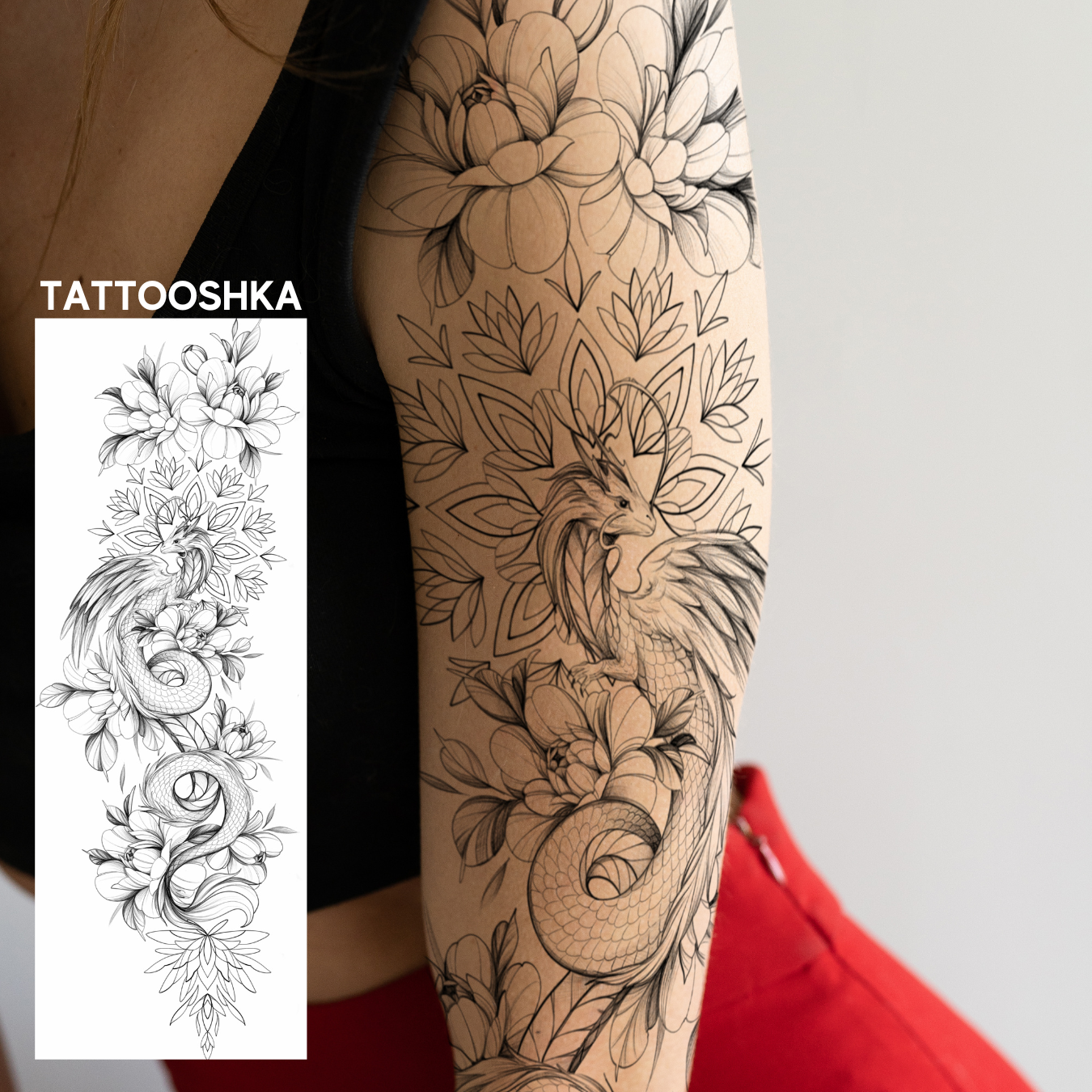 Dragon in flowers (LD-08) - Tattooshka USA