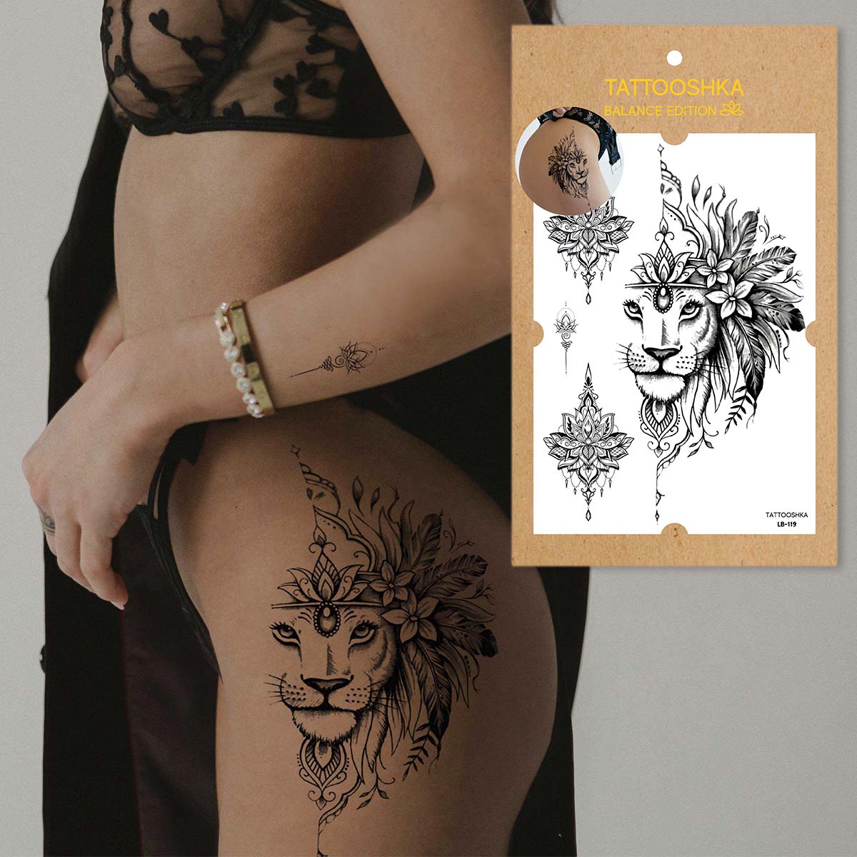 Lion with flowers (LB-119) - Tattooshka USA