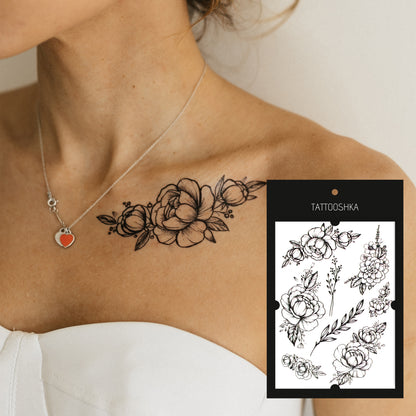 Peonies with branches (TH-391) - Tattooshka USA