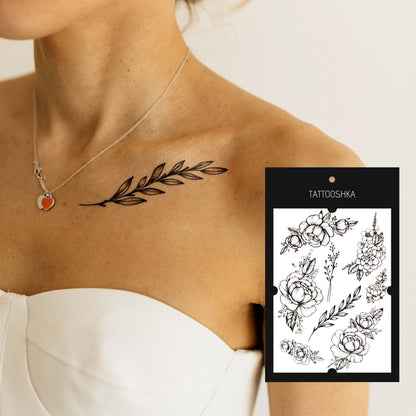 Peonies with branches (TH-391) - Tattooshka USA